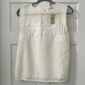LOFT Women's Ivory Sleeveless Blouse with Lace Detail